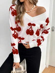 SHEIN Frenchy Women Cherry Pattern V-Neck Drop Shoulder Long Sleeve Loose Sweater, Autumn & Winter Casual - Multicolor - View 5