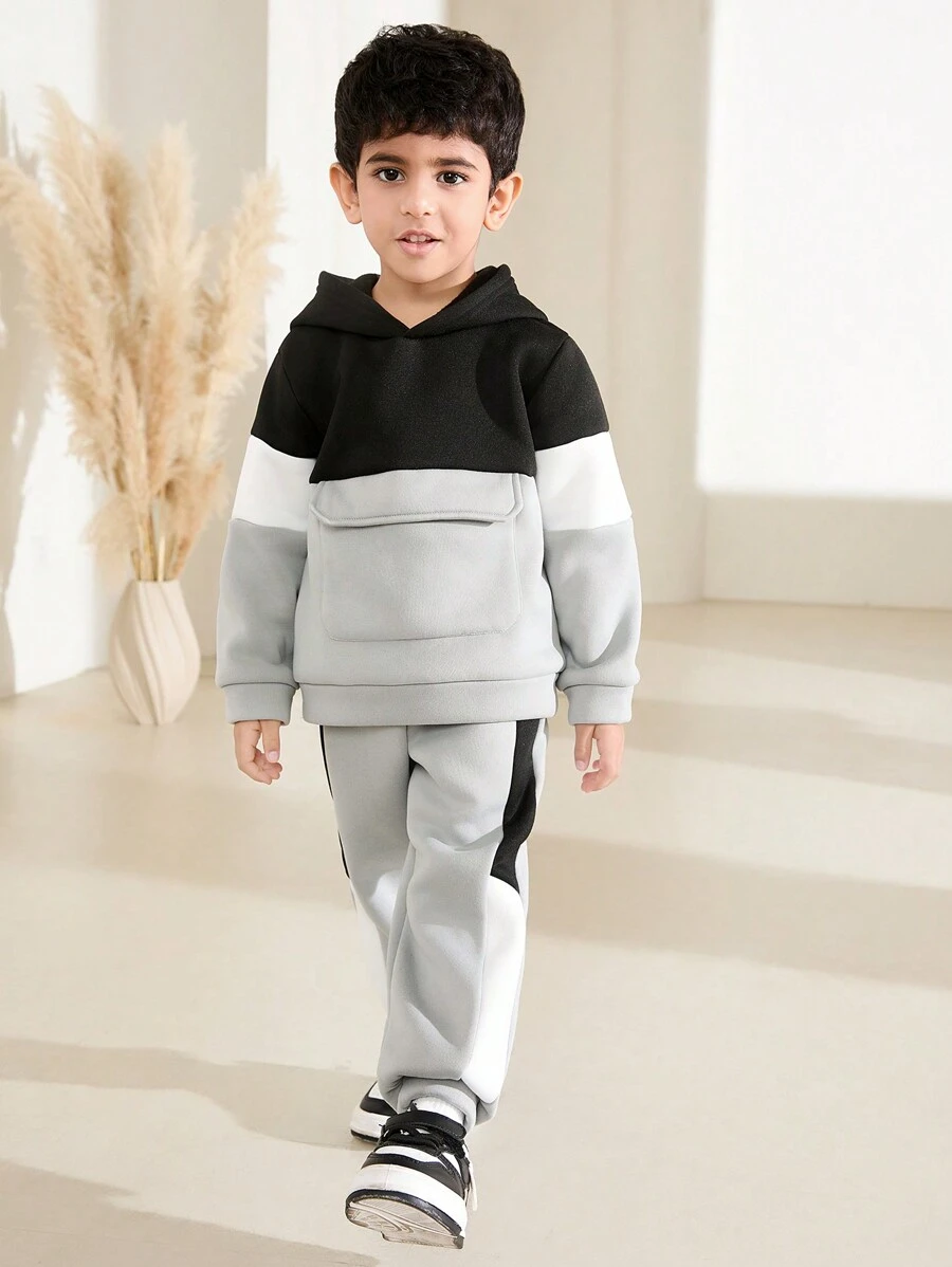 SHEIN Bộ 2 áo hoodie và quần túi màu tương phản cho bé trai thường ngày - Nhiều màu - Xem 1