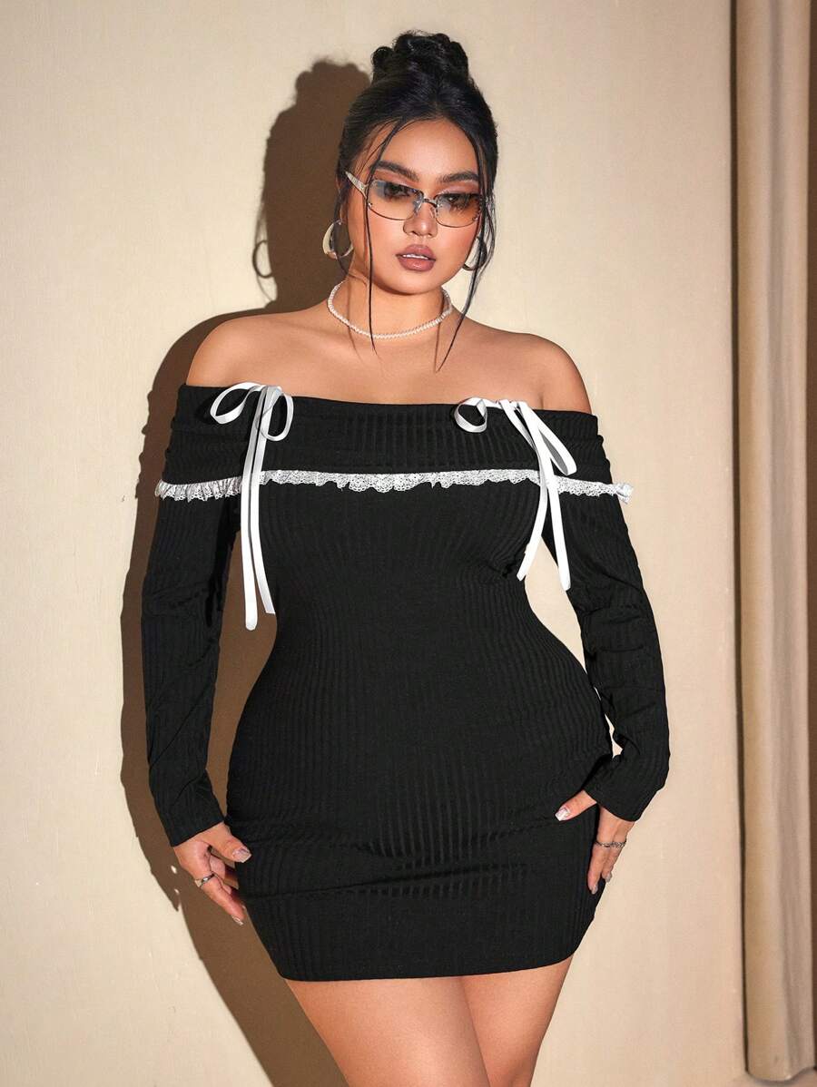 SHEIN ICON Váy len hở vai cỡ lớn, Đầm gợi cảm có trang trí nơ, Đầm ấm áp cho mùa đông, Thích hợp cho Giáng sinh, Hẹn hò Giáng sinh, Tiệc năm mới - Đen và trắng - Xem 1