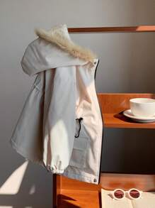 1pc Casual Comfortable Warm White Fleece Hooded Jacket With Pockets For Young Boys, Suitable For Outings, School, Daily Occasions, Autumn And Winter Seasons