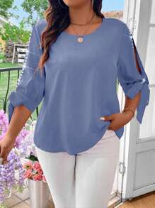 Celure 大码纯色水晶装饰打结优雅圆领长袖衬衫 - 霧霾藍 - 查看 4