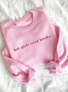 INAWLY 女式休闲标语印花羊毛运动衫，秋冬款 - 粉色 - 查看 1