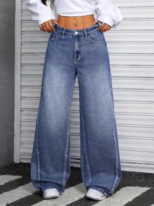 SHEIN ICON Damen Relaxed Fit Gerade Jeans in gewaschener Optik mit Taschen