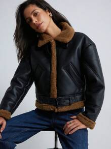 Aveloria Modichic New Autumn/Winter Women PU Leather Short Faux Shearling Thermal Lined Jacket, Women Leather Jacket Faux Leather Aviator Jacket With Borg Lining 