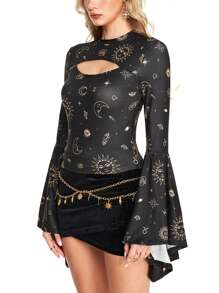 ROMWE Hippie Women's Hippie Flare Sleeve Hollow Velvet T-Shirt