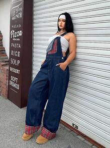 SHEIN ICON Combinaison cargo utilitaire à carreaux de couleur contrastée, effet délavé, sans stretch, pour la mode de rue décontractée, tailles grandes, pour l'été