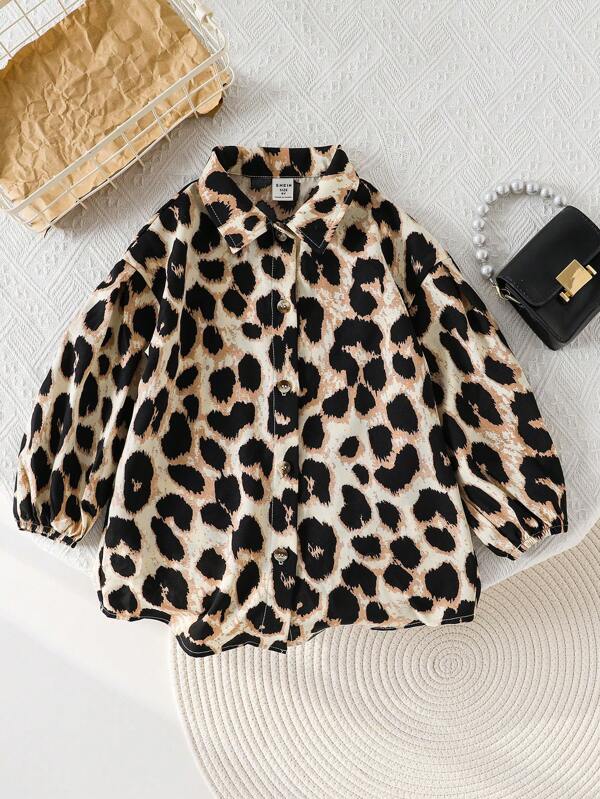 Blouse casual ample en tissu imprimé léopard pour jeune fille