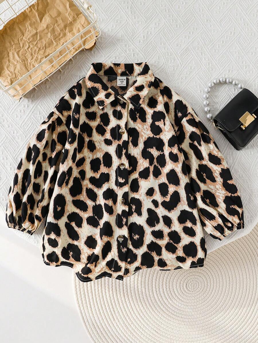 SHEIN Leap Crew 年轻女孩编织宽松休闲豹纹衬衫 - 摩卡棕 - 查看 1
