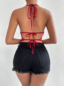 Chiquease Top halter sin espalda con cuello drapeado de unicolor y sexy para ropa de Año Nuevo - Rojo - Ver 2