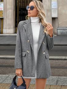 SHEIN Clasi Hahnentrittmuster, doppelreihiger, eleganter Pendlermantel mit Langarm, Herbst/Winter - Dunkelgrau - Übersicht 3