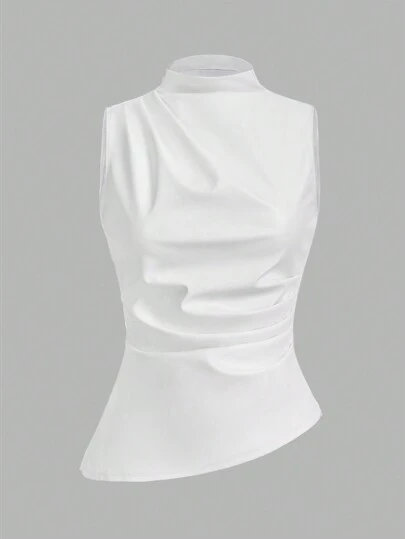 SHEIN Essnce Women's Casual Fashion 90s Street Spring Autumn Solid Color Pleated Collar PU Tank Top Sleeveless Tops Going Out Top Fall Women Tops