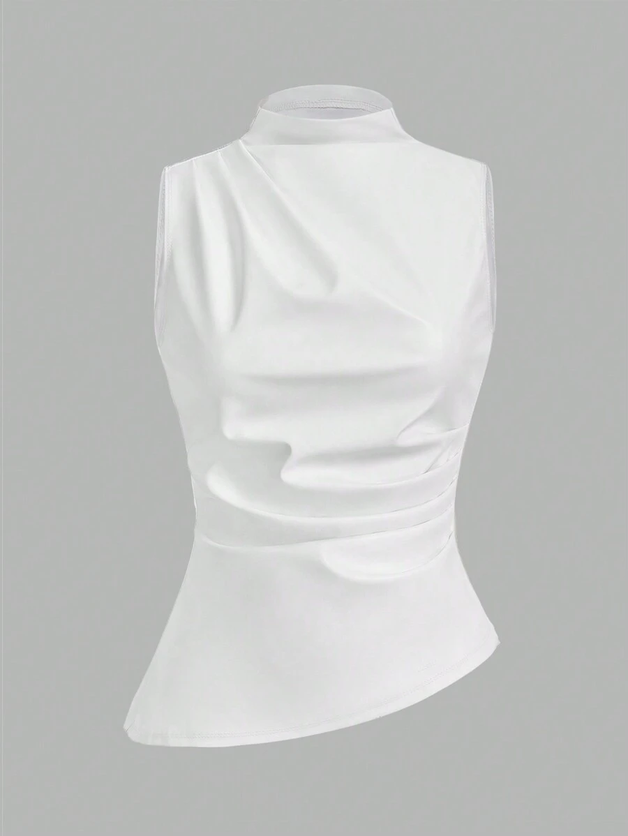 SHEIN Essnce 女士休闲时尚90年代街头春秋季纯色褶领PU背心无袖上衣外出上衣秋季女上衣 - 白色 - 查看 1