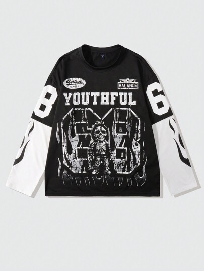 Street Life Men Contrast Color Loose Fit Long Sleeve 2 In 1 T-Shirt, Streetwear Style