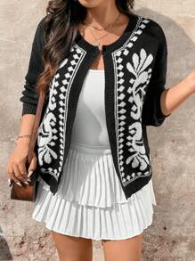 SHEIN LUNE Plus Size Women Geometric Pattern Drop Shoulder Long Sleeve Casual Knit Cardigan, Autumn/Winter - Black - View 5