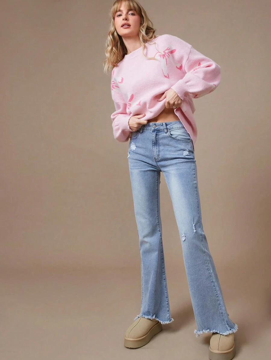 WESTFADE Summer Outfit High Rise Premium Denim Distressed Fray Hem Flare Jeans - Light Wash - View 1