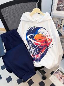 SHEIN 2pcs Teen Boys Casual Streetwear Sports Basketball Print White Hoodie Sweatshirt And Dark Blue Jogger Pants Set, Autumn/Winter