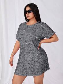 SHEIN ICON Vestido corto de manga corta con cuello redondo y lentejuelas, de moda para tallas grandes, de verano
