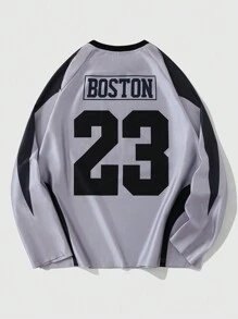 ROMWE MEN Prep 男士休闲针织标语印花长袖运动T恤，秋季