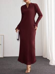 Modelyn Damen plissiertes langärmliges schlankes A-Linien-Kleid in Burgunderrot, Damen-Outfit für lange Abendkleider