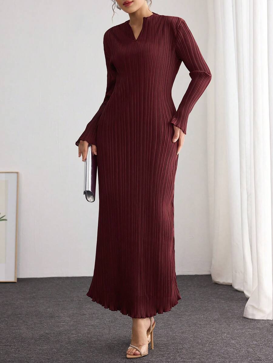 Modelyn Damen plissiertes langärmliges schlankes A-Linien-Kleid in Burgunderrot, Damen-Outfit für lange Abendkleider