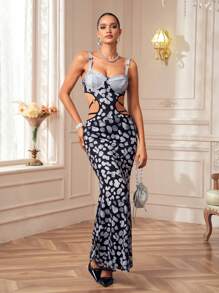 House of Dani.B Robe longue sirène sexy avec découpes sur la taille, dos nu, imprimé gris. Idéale pour les vacances, les fêtes, les anniversaires, les festivals, les bals