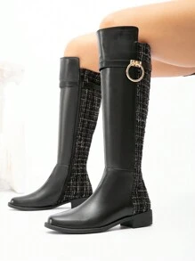 CUCCOO CHICEST 女士时尚百搭黑色过膝靴，金属扣装饰，侧拉链，圆头，粗跟，舒适冬靴，适合秋冬季圣诞节和新年假期氛围秋冬季 - 黑色 - 查看 3