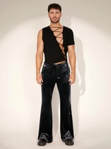 FeverCity Men's Slim Fit Flared Velvet Trousers - Black - View 5