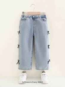 Cozy Pixies 女童复古石洗蓝色宽松柔软牛仔裤，侧面饰有可爱蝴蝶结，年轻女孩秋装返校装 - 中等水洗藍 - 查看 4