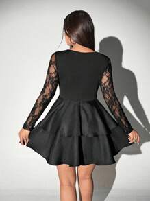 Viva Relle 大码女式蕾丝 V 领长袖短款万圣节派对迷你连衣裙 - 黑色 - 查看 2
