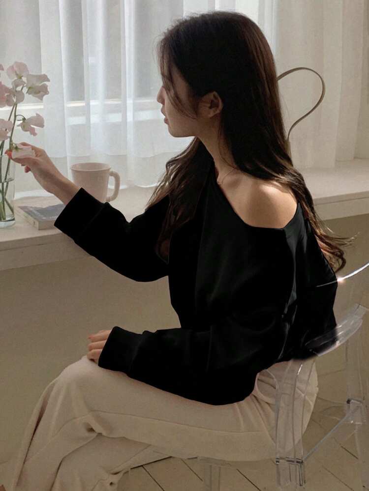 Women Open Shoulder Solid Color Long Sleeve T-Shirt, Simple & Fashionable Casual Everyday Wear,Fall Clothes Off Shoulder Top