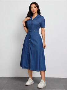 Women Button Front Casual Versatile Denim Dress - Medium Wash - View 6