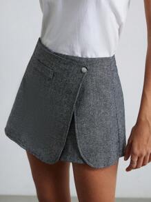 GENKIRA Refined & Elegant Luxury MiuMiu Style Tweed Pocket Design Women Fashion Wide Leg Pants  - Grey - View 5