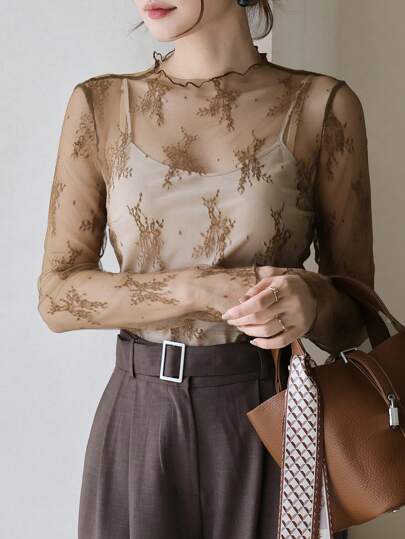 DAZY 女式花卉蕾丝透视长袖上衣，秋季女装