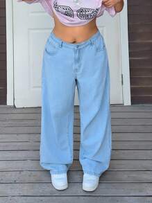 SHEIN ICON Quần Jeans Ống Rộng Thêu Bướm Giặt Nước Size Lớn Thường Ngày - Rửa nhẹ - Xem 3