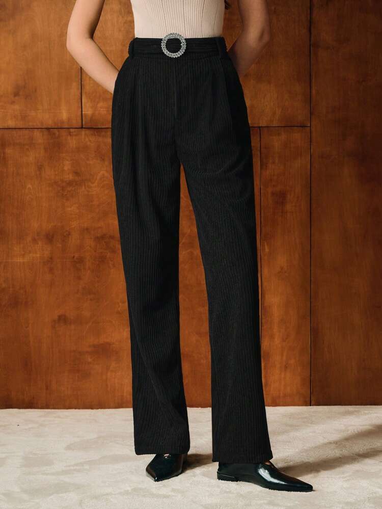FOLD PLEATED RHINESTONE BELTED PANTS