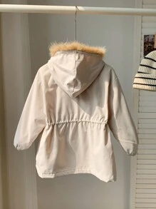 1pc Casual Comfortable Warm White Fleece Hooded Jacket With Pockets For Young Boys, Suitable For Outings, School, Daily Occasions, Autumn And Winter Seasons