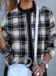 SHEIN Unity Women's Black & White Plaid Zip-Up Short Jacket - Black and White - View 1