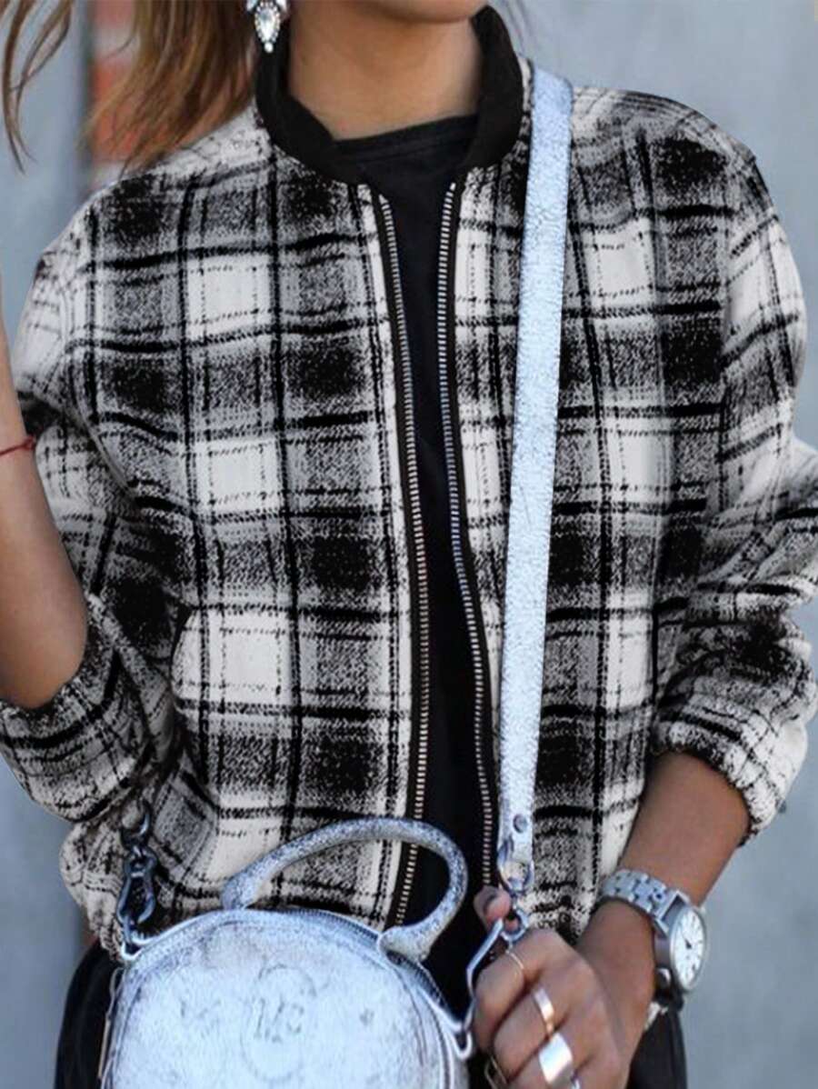 SHEIN Unity Women's Black & White Plaid Zip-Up Short Jacket - Black and White - View 1