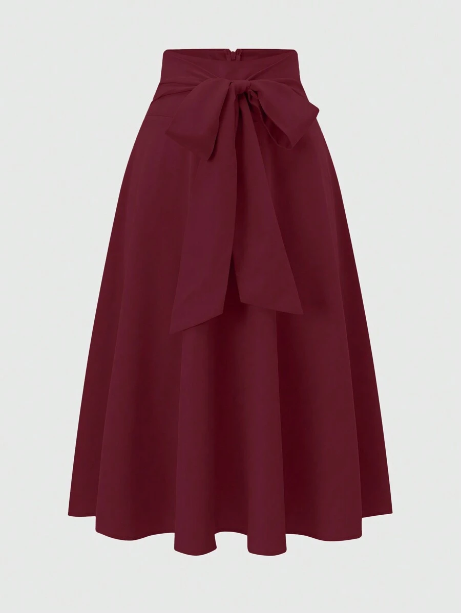 Franclia 女式纯色褶饰腰长裙，优雅的勃艮第酒红色 - 酒紅色 - 查看 1