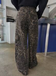 DAZY 女式宽松豹纹口袋细节阔腿牛仔裤冬季裤子猎豹印花 - 棕色 - 查看 2