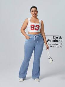 Flexra Drawstring Waist Multi-Pocket Elastic Jersey Stretchy Knit Casual Flare Jeans Apple Bottom Jeans - Light Wash - View 6