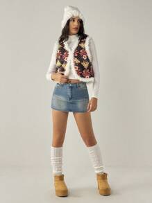 Forever 21 冬季女装 圣诞节 新款冬季女装外套 数码印花无袖短款蓬松背心 背心 雪地女装 新年女装夹克 节日女装 泰迪熊大衣 皮草大衣 圣诞背心大衣 Y2k 服装 - 彩色 - 查看 3