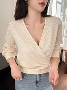 DAZY Women's Elegant V-Neck Cross-Wrapped Long Sleeve T-Shirt, Solid Color Design, New For Autumn,Fall Women Clothes - White - View 5