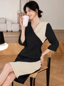 DAZY Váy ôm cổ chữ V chắp vá thanh lịch kiểu Pháp dành cho nữ, đầu thu - màu đen - Xem 4