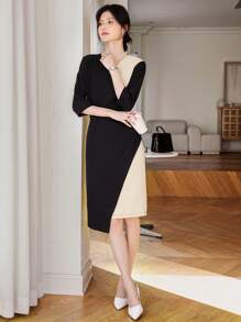 DAZY Váy ôm cổ chữ V chắp vá thanh lịch kiểu Pháp dành cho nữ, đầu thu - màu đen - Xem 6