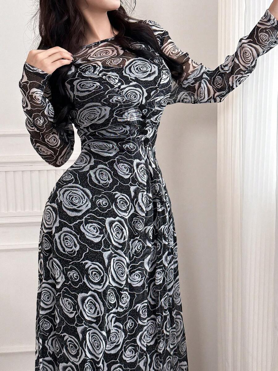 Modelyn 女士长款花卉印花网眼长袖连衣裙长款晚礼服 - 黑色 - 查看 1