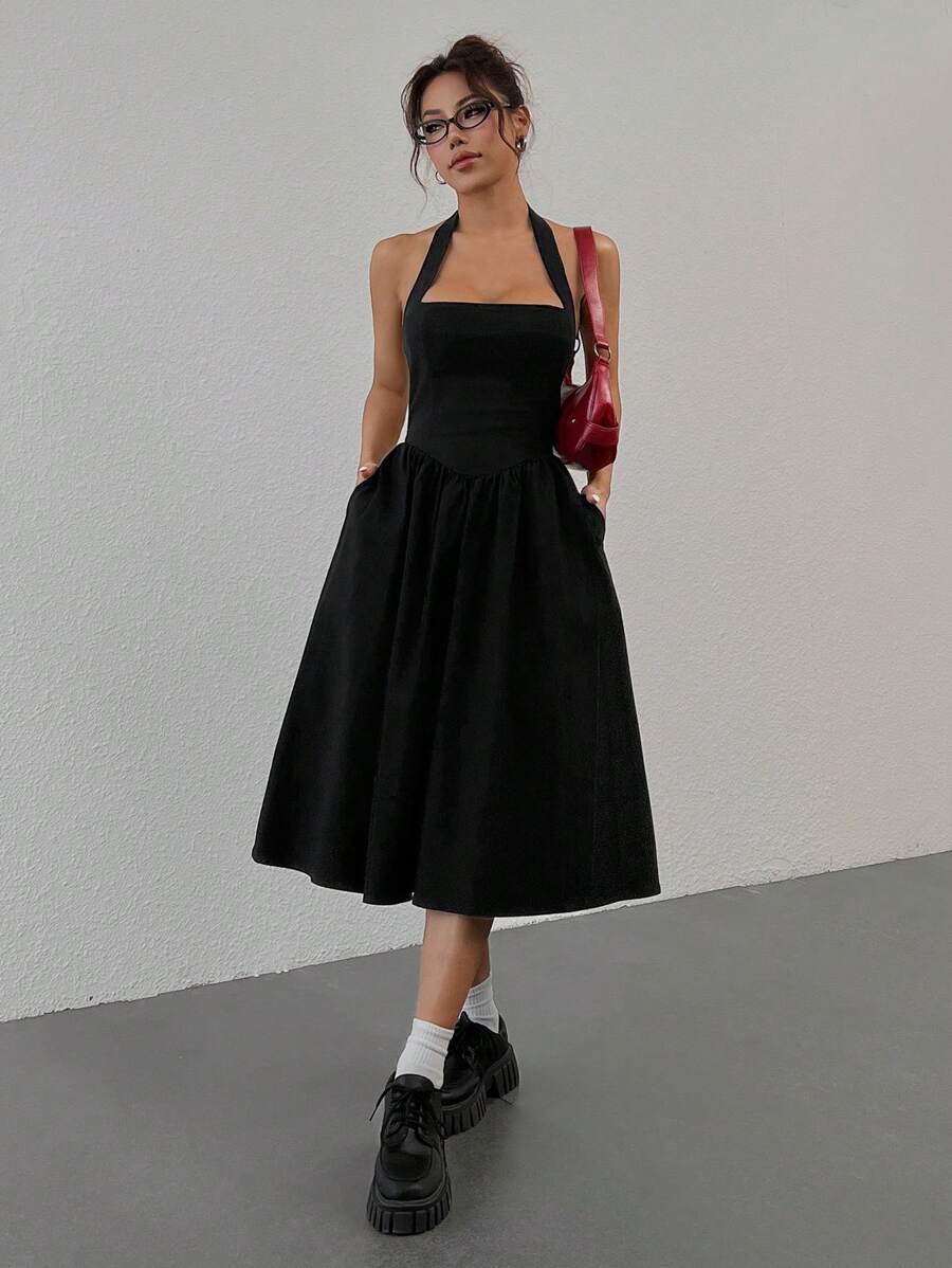 Muchica Women's Sexy Minimalist Solid Color Asymmetric Pocket Halter Dress, Summer - Black - View 1