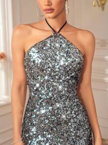 CHRISTIAN SPINELLI Designer Elegant Women's Sexy Sequined Backless Halter Neck Slim Fit Party Dress, For Holiday, Birthday Concert Outfits, Festival, Rave Outfits Festival, Wedding, Prom Dress - Black - View 4