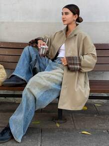 DAZY Solid Color Loose Long Sleeve Turndown Collar Contrast Color Trim Women Regular Jacket,Back To School Clothes,Fall Women Clothes Women Coats - Khaki - View 4