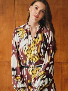 MOTF PREMIUM ALLOVER PRINT FRILL NOTCH NECK FLARE SLEEVE BELTED DRESS - Multicolor - View 7